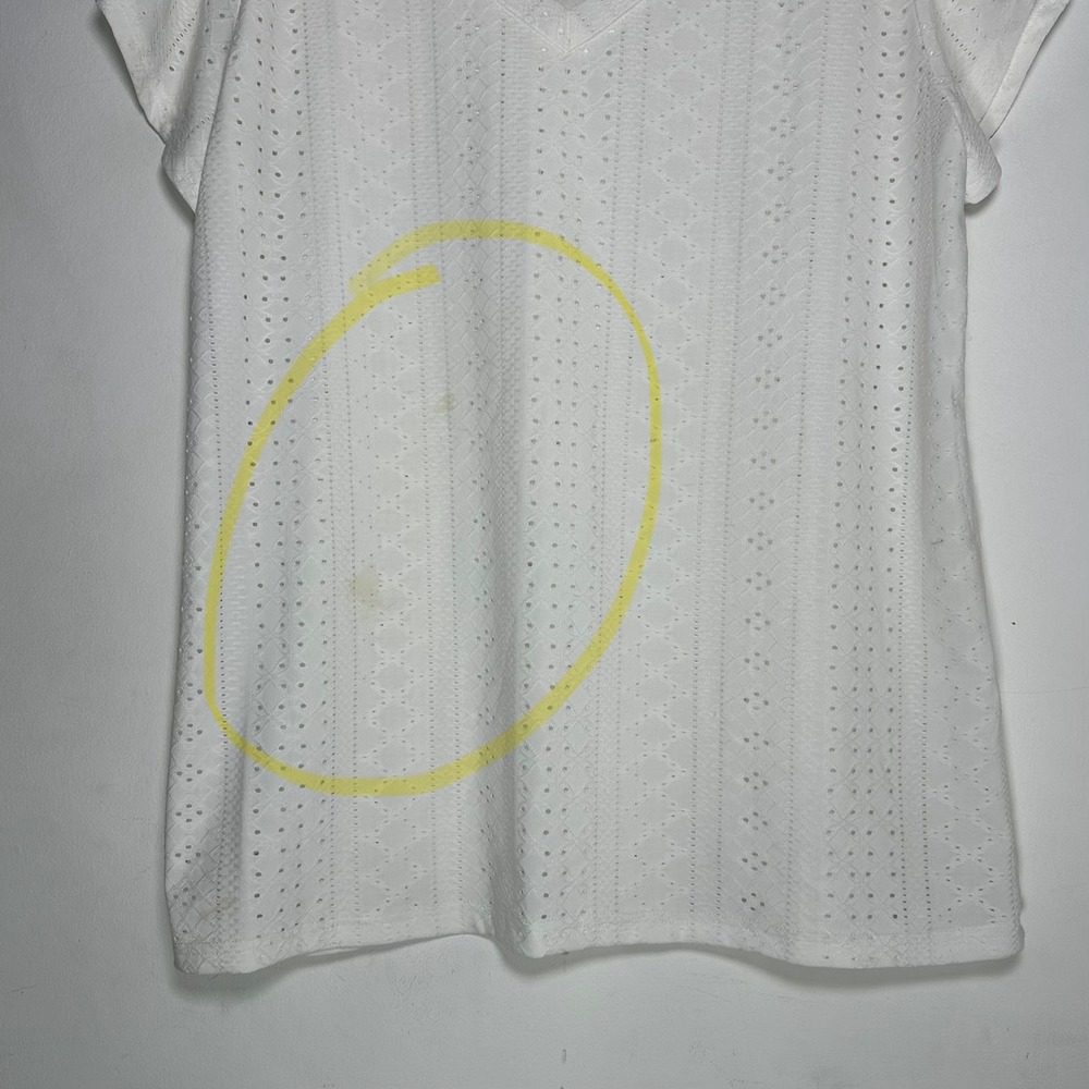 Womens White Eyelet Lace V-Neck Petal Sleeve Blouse Top XL A117 - Picture 2 of 7